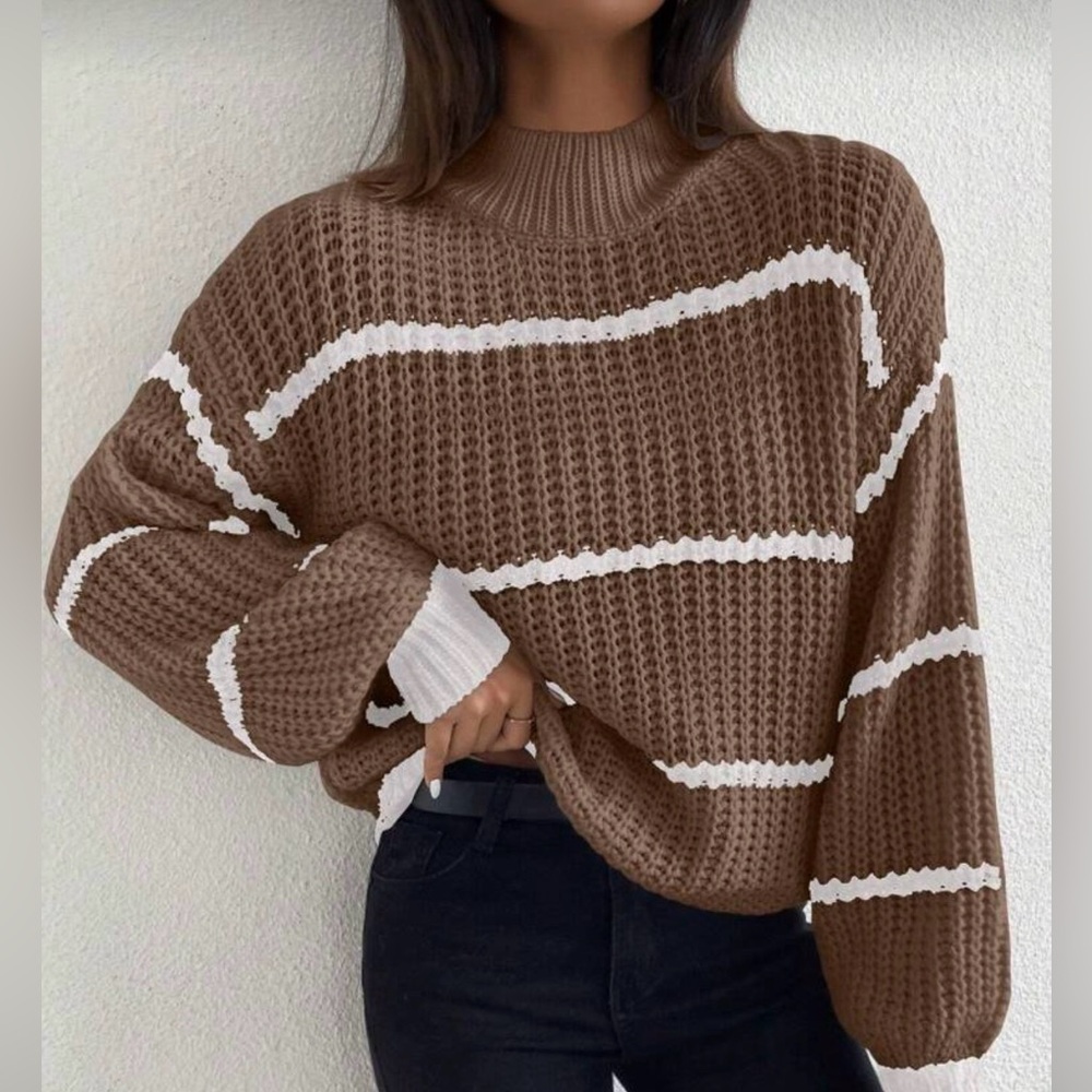 SHEIN Brown and White Striped Knit Sweater Size Medium BRAND NEW 🤎 - Picture 2 of 7